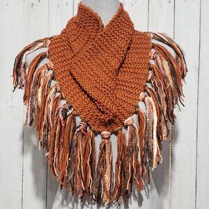 Cowl Scarf Fringe Hand Knitted Orange Rust Women's Boho Hippie Artsy Earthy Glam